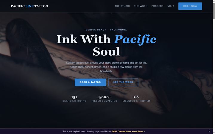 Preview of the Pacific Line Tattoo demo site homepage